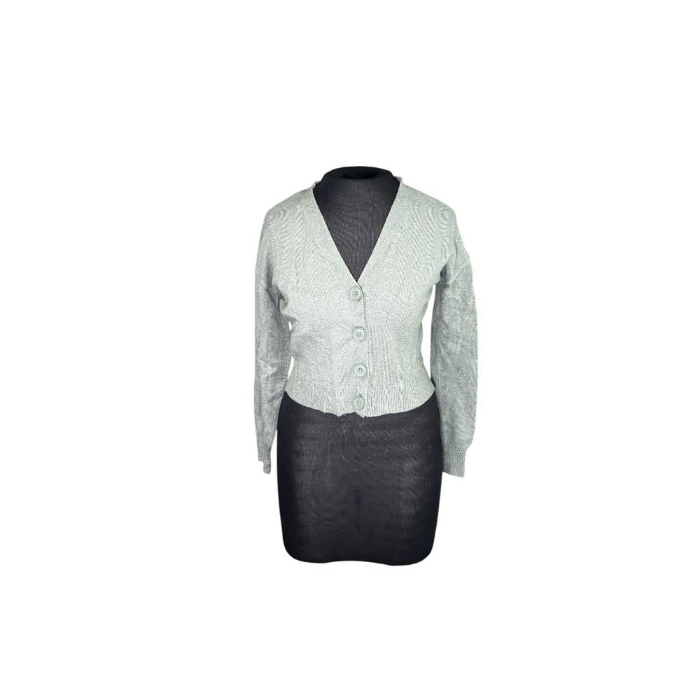 Nine West Womens Cropped Button-Up Cardigan Sweater S Gray Lightweight Knit